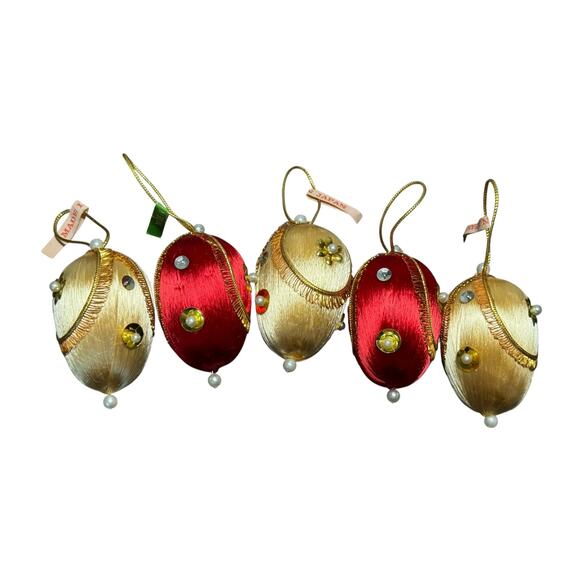 5 Vintage Satin‎ Embellished Beaded Sequin Ornaments Japan Made 2" Teardrop Egg - Picture 2 of 8